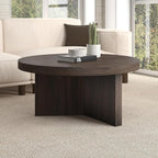 Henn&Hart 32" Fluted Round Low-Profile Coffee Table with Ribbed Pedestal Base Living Room, Family Room, Office, or Apartment, Alder Brown