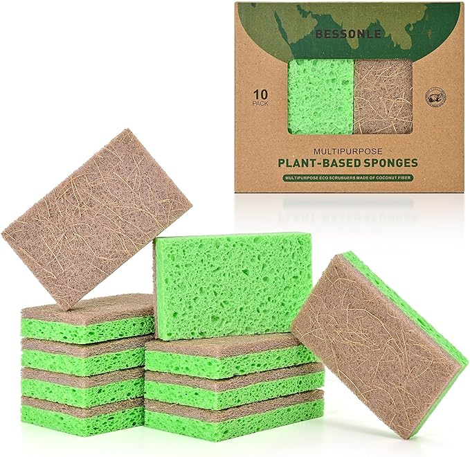 10 Pack Biodegradable Natural Sponges Kitchen - Compostable Cellulose and Coconut Walnut Scrubber Sponge - Eco Friendly Sponges for Dishes