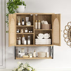 Rattan Bathroom Wall Cabinet, Boho Medicine Wall Cabinet with Double Doors and Adjustable Shelves, Tall Kitchen Wall Mounted Storage Cabinet, Floating Space Saver Over Toilet, Natural