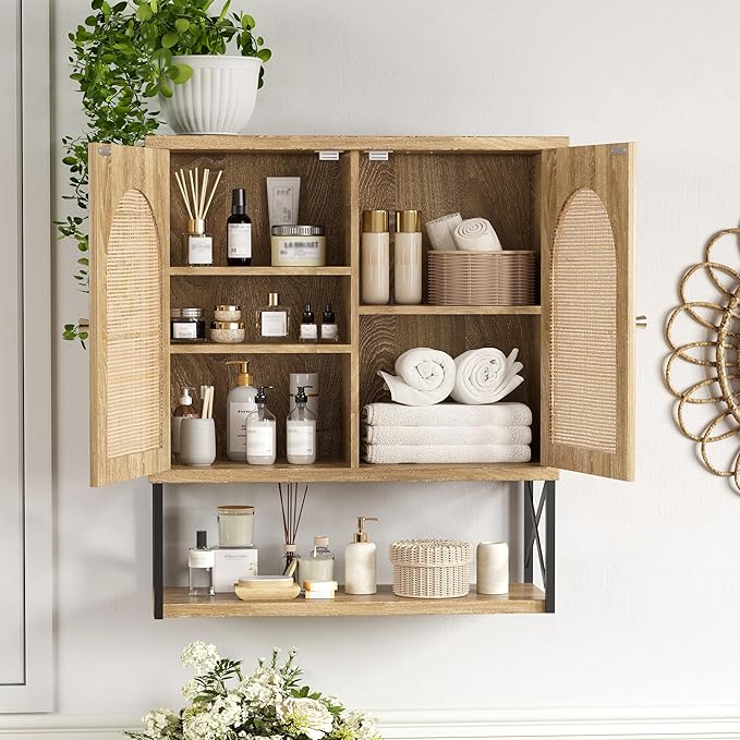 Rattan Bathroom Wall Cabinet, Boho Medicine Wall Cabinet with Double Doors and Adjustable Shelves, Tall Kitchen Wall Mounted Storage Cabinet, Floating Space Saver Over Toilet, Natural