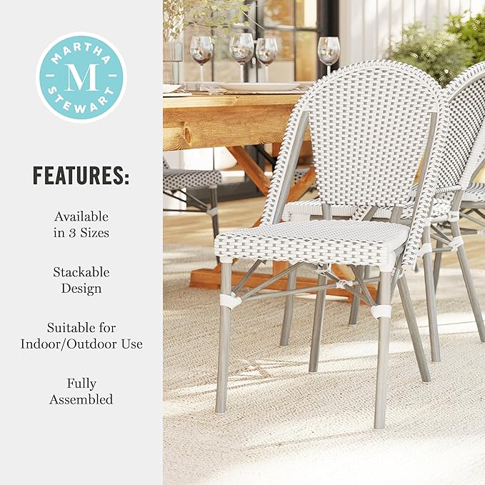 Martha Stewart Lily Pond Indoor-Outdoor Stackable Aluminum Bistro Chair with Gray Woodgrain Frame Finish and White/Gray Woven Rattan Backrest and Seat