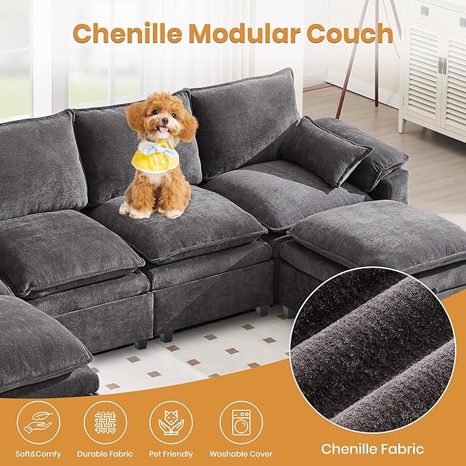 100" L Shaped Modular Sectional Sofa, Couch with Ottoman Storage, Chenille Cloud Couch with Plush Deep Seating for Living Room, Bedroom (Grey, 4 Seat)