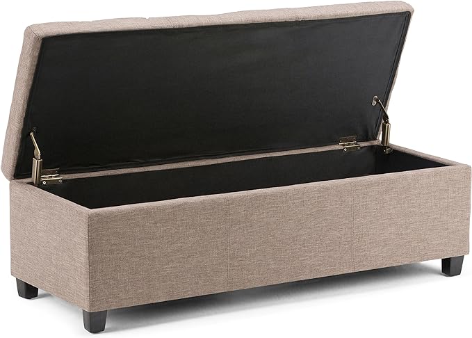 SIMPLIHOME Avalon 48 inch Wide Contemporary Rectangle Storage Ottoman Bench in Fawn Brown Linen Look Fabric, Assembled, for the Living Room, Entryway and Family Room