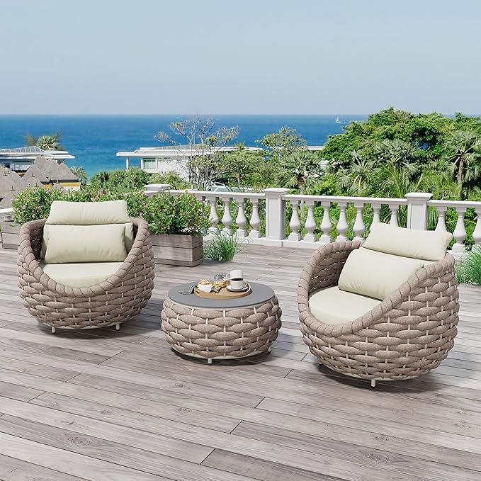 3 Pieces Porch Furniture Set: Aluminum Patio Conversation Sofa Set - Assembled Couch Armchair Table Set Cushioned - Hand Woven Rope Chair Set 400 LBS All Weather for Indoor Deck Balcony Hotel