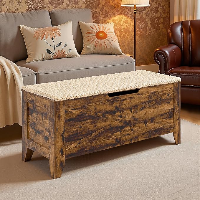 VECELO 43.3" Storage Bench, Entryway Shoe Ottoman, Farmhouse Style Bench with Handwoven Cushion and Metal Safety Hinges, for Bedroom, Living Room, Entryway, Brown