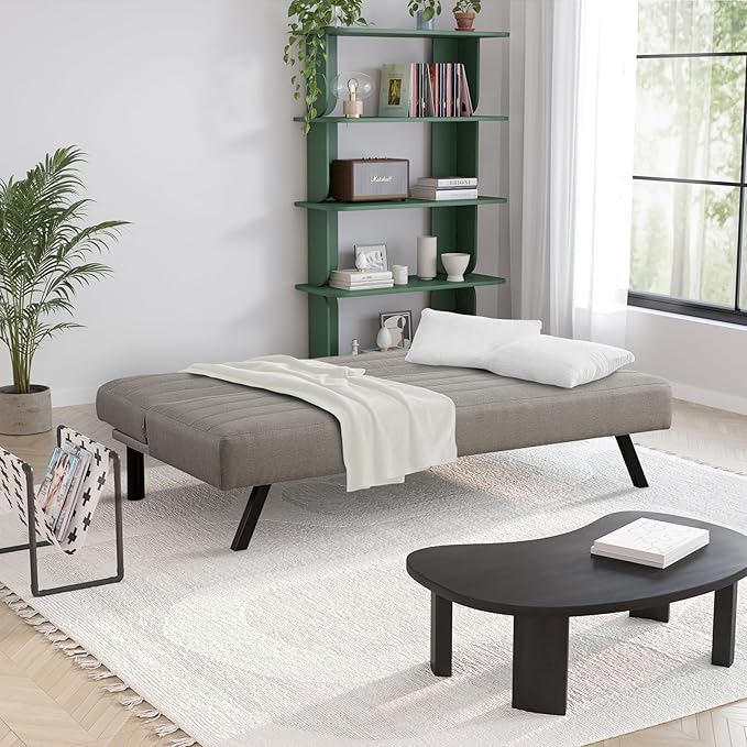 Serta® Damien 66.1" Convertible Futon Sofa, Dreamcoil® Comfort, FingerGuard® Pinch Point Protection, Woven Polyester Fabric, Taupe