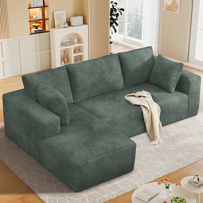 108” Cloud Sectional Couch, Modular Sectional Sofa with Deep Seat, Corduroy Boneless Couches with Chaise for Living Room Bedroom, No Assembly Required