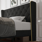 iPormis Queen Size Platform Bed Frame with Button Tufted Headboard, Upholstered Bed Frame with Solid Wooden Slats, 8" Underbed Space, No Box Spring Needed, Noise Free, Easy Assembly, Black