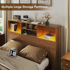 Apicizon 65" Queen Size Storage Headboard, Wood Headboard with Charging Station, Queen with Power Outlets, Ajustable LED Lights for Bedroom, Brown
