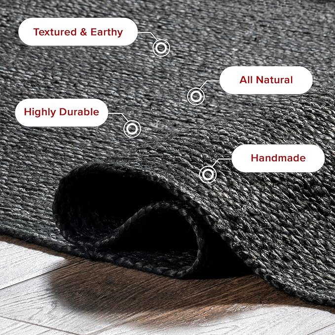nuLOOM Oval 3x5 Rigo Jute Hand Woven Area Rug, Black, Solid Farmhouse Design, Natural Fiber, For Bedroom, Living Room, Dining Room, Hallway, Office, Kitchen, Entryway