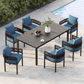Grand patio Outdoor Dining Set for 6, 7 PCS Patio Table and Chairs Set, Metal Woven Wicker Fixed Patio Chairs with Thickened Cushions & 1 Rectangular Woodgrain Dining Table with Umbrella Hole (Brown)