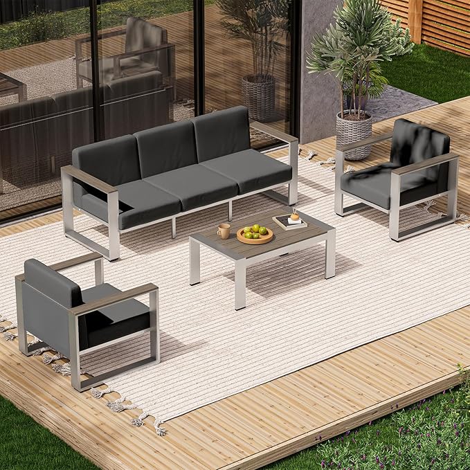 Aluminum Patio Furniture Set, 5 Seats Outdoor Patio Conversation Sets with Ergonomic Seat and Wide Washable Thick Cushions, Modern Outdoor Sectional Furniture for Balcony, Porch (Charocal)