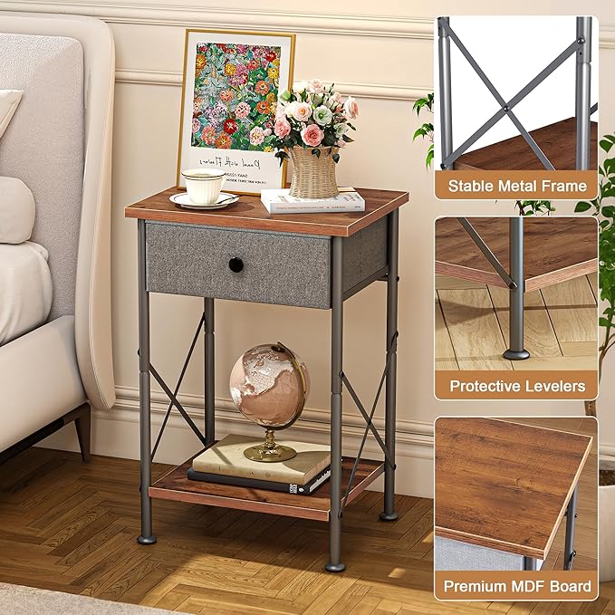 VECELO Modern Versatile Nightstands X-Design Side End Table Night Stand Storage Shelf with Bin Drawer for Living Room Bedroom, Set of 2 (Brown)