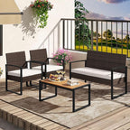 Tangkula 4 Pieces Patio Furniture Set, Outdoor Rattan Conversation Set w/Cushioned Chairs & Wood Plastic Coffee Table, Wicker Sectional Seating Furniture for Backyard, Poolside, Porch (Off White,1)