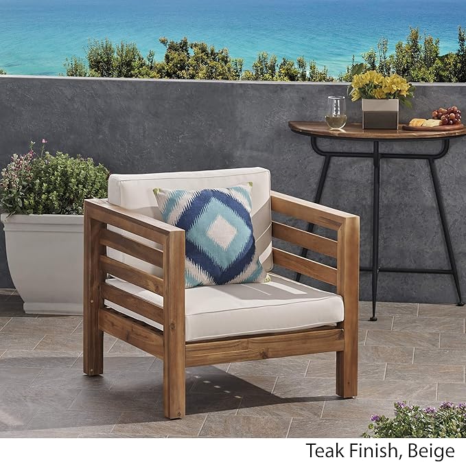 Great Deal Furniture Louise Outdoor Acacia Wood Club Chair with Cushion, Teak Finish and Beige
