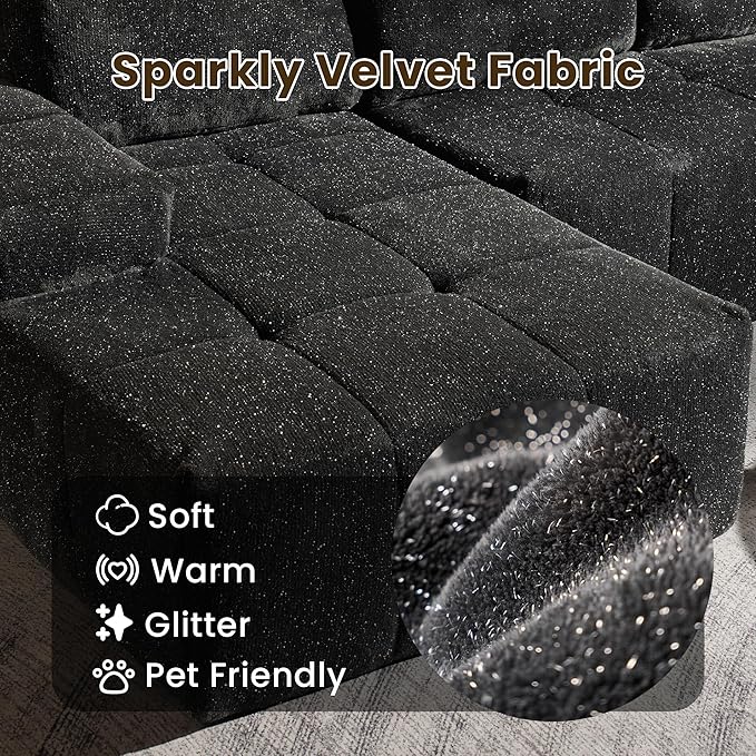 114" Glitter Cloud Sectional Couch with L-Shape Chaise, Modern Boneless Couches for Living Room, Fluffy Tufted Deep Seat Modular Sofa in a Box No Assembly