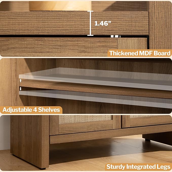 SICOTAS Shoe Cabinet Set of 3, Large Capacity Shoe Storage Organizer Cabinet, Tall Rattan Shoe Cabinet with Doors and Shelves, 6-Tier Farmhouse Boho Wooden Storage Cabinet for Entryway Hallway