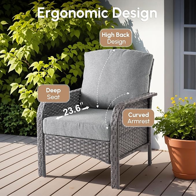 2 Pieces Wicker Patio Chairs - Outdoor Rattan Chairs Set of 2,All-Weather PE Wicker Dining Chair Set with High Back and Deep Seating for Deck Porch,Grey