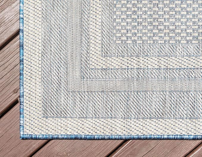 Unique Loom Outdoor Border Collection Area Rug - Soft Border (9' x 12' Rectangle, Blue/ Ivory)