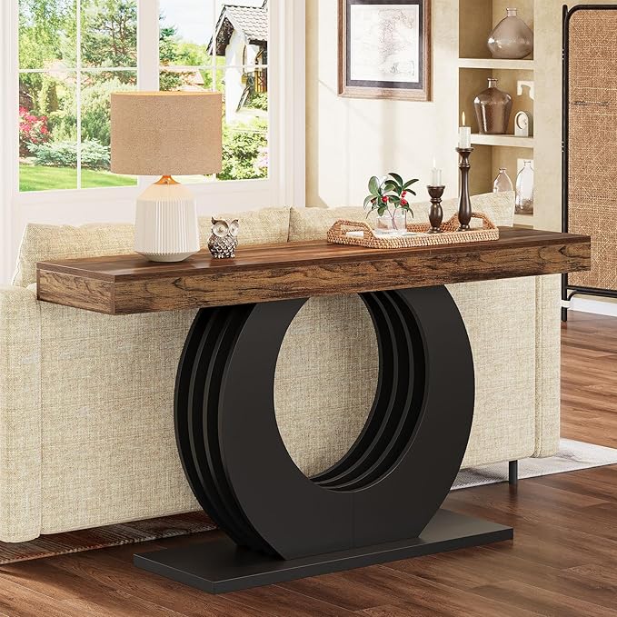 Tribesigns 63-Inch Console Sofa Table, Rustic Industrial Farmhouse Entryway Table, Narrow Long Couch Console Behind Sofa with Black Circle Base for Living Room Hallway, Rustic Brown