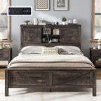 AMERLIFE Farmhouse Queen Bed Frame, Rustic Wood Platform Beds w/Barn Door Storage Bookcase Headboard & Charging Station, Bedroom Furniture, No Box Spring Needed, Dark Oak
