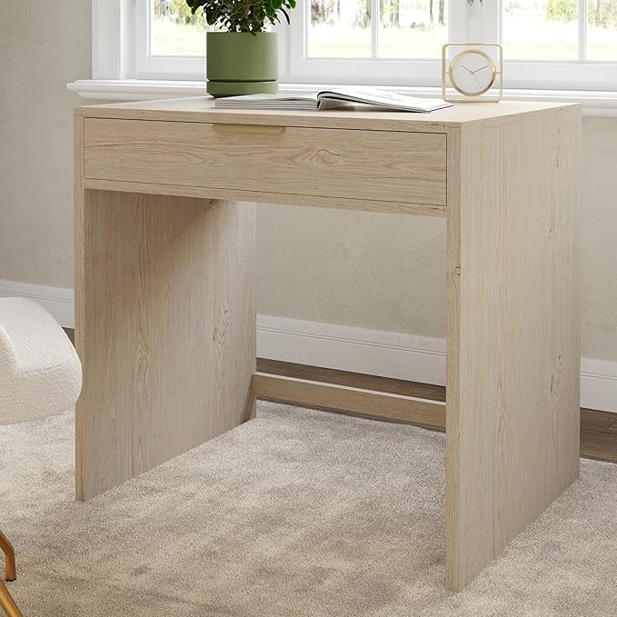 Martha Stewart Kayden Home Office Modular Desk with Drawer in Light Natural with Brushed Gold Hardware