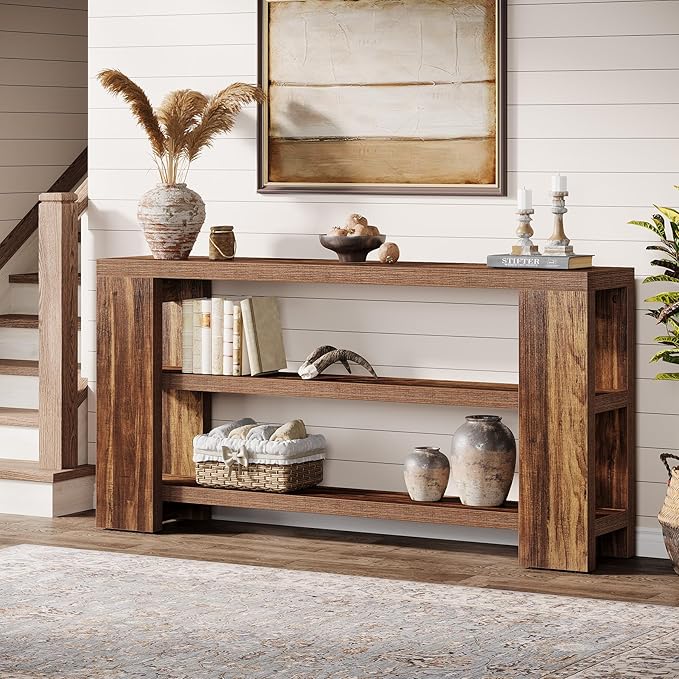 Tribesigns 70.9-Inch Extra Long Console Table with Storage, Narrow Wooden Sofa Table Behind The Couch, Farmhouse 3-Tier Entry Foyer Table for Entryway, Living Room, Hallway, Brown