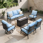 PHI VILLA Patio Furniture Set with Fire Pit Table,1x 3-Seat Wide Deep Seating Bench Sofa, 2 Swivel Sofa Chair, 2 x Leg Chairs,1 Fire Pit Table,Outdoor Conversation Set for 7,Light Blue
