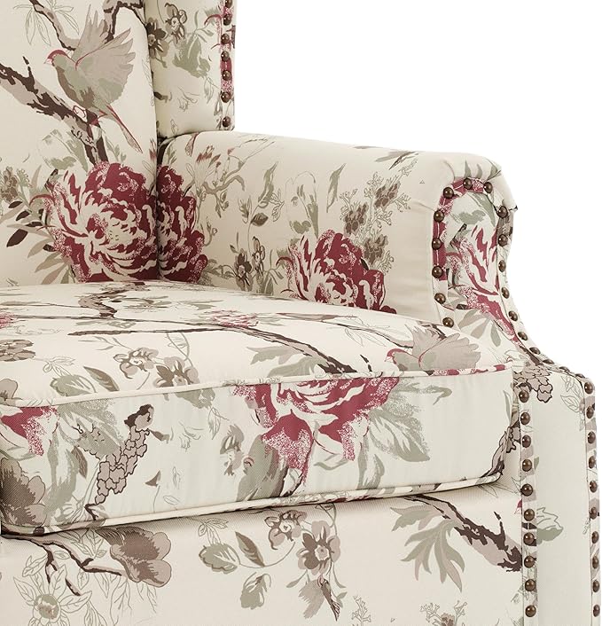 Pia Ricco Set of 2 Floral Accent Chairs, High Back Upholstered Armchairs with Retro Wingback Design, Nailhead Trim & Solid Wood Legs for Living Room Bedroom(Flower Beige)