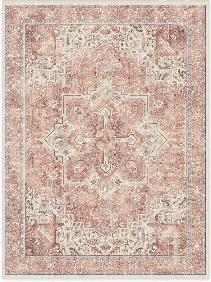 RUGGABLE Washable Area Rug – Kamran Rose Pink 9x12, Stain-Resistant, Non-Slip – Large Machine Washable Rugs for Living Room, Bedroom, Hallway, Entryway & Office–with Standard Pad
