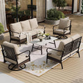 5 Piece Metal Outdoor Patio Furniture Set, Patio Conversation Sets 3-Seater Sofa, 2-Seater Sofa, 2 Swivel Chair with 5.75" Thick Cushion & Coffee Table Black Backyard Furniture, Beige