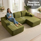 106" Cloud Sectional Couch with L-Shape Chaise & Ottoman, No Assembly Modular Sofa, Deep Seat Corduroy Boneless Couched for Living Room (Green Cloudy Velvet, Left Facing Chaise with Ottoman)