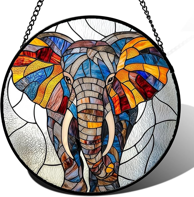 Stained Glass Window Hanging, Colorful Elephant Sun Catcher for Door Home Decor Animal Suncatcher Christmas Mother's Day Birthday Gifts for Women Men Mom and Nana 9.8 in