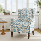 Accent Chair, Upholstered High Back Floral Armchair with Nailhead Trim & Wood Legs, Comfy Wingback Reading Single Sofa Chair for Small Spaces, Living Room, Bedroom ( Boho Blue Floral, Set of 2)
