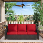 77'' Patio Sofa, All Weather Outdoor Rattan Wicker 3-Seat Sofa High Back Couch with Premium Cushions for Garden Backyard Porch(Brown/Red)