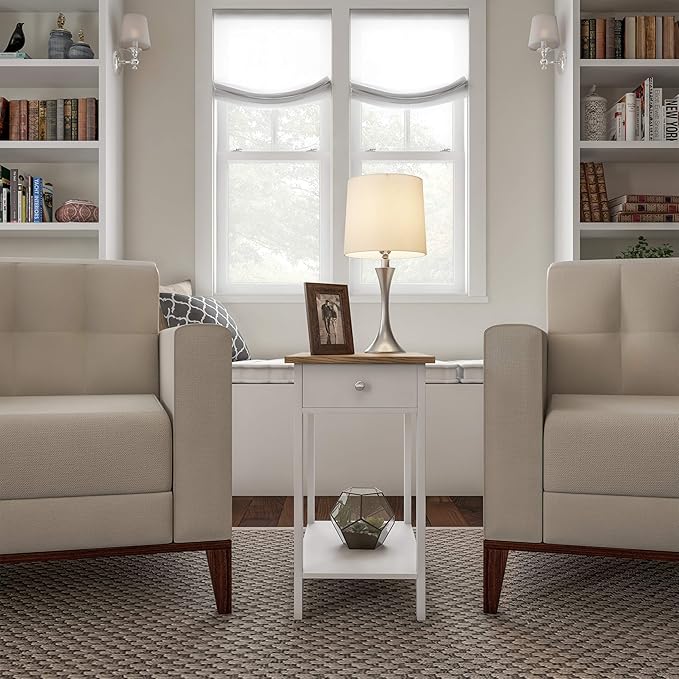Side Table - Small Night Stand with Drawer and Open Storage Shelf - Traditional Style Bedroom or Living Room Furniture - Use as Bedside Table or End Table by Lavish Home (White)