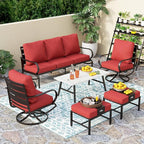 PHI VILLA 6 Piece Patio Furniture Sets with 1 x 3-Seat Deep Seating Bench, 2 x Cushioned Swivel Sofa Chairs, 1 x Coffee Table & 2 Ottoman, Outdoor Metal Conversation Set for Lawn Garden Yard, Red