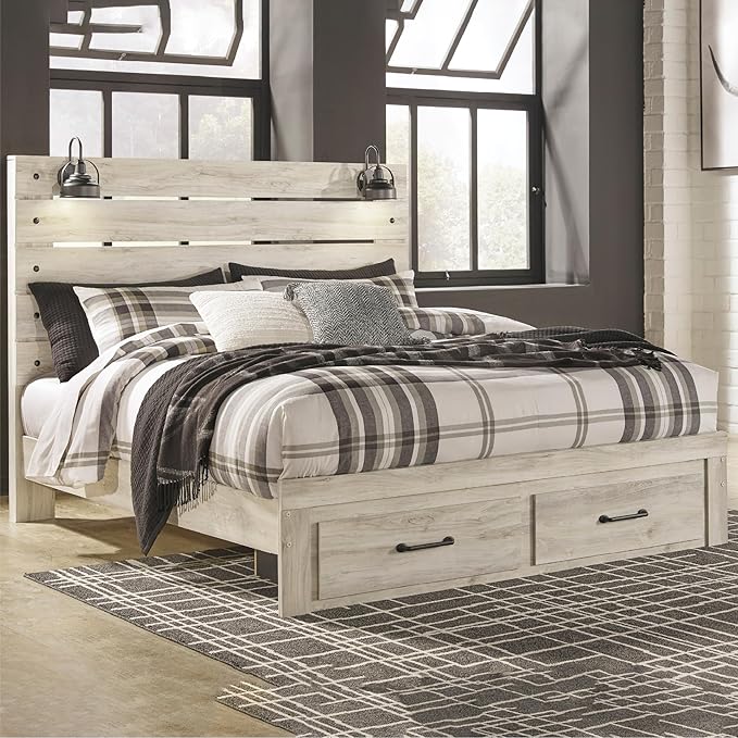 Signature Design by Ashley Cambeck Farmhouse King Panel Bed with 2 Storage Drawers, Sconce Lights and USB Ports, Foundation or Box Spring Needed, Whitewash
