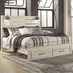 Signature Design by Ashley Cambeck Farmhouse King Panel Bed with 2 Storage Drawers, Sconce Lights and USB Ports, Foundation or Box Spring Needed, Whitewash