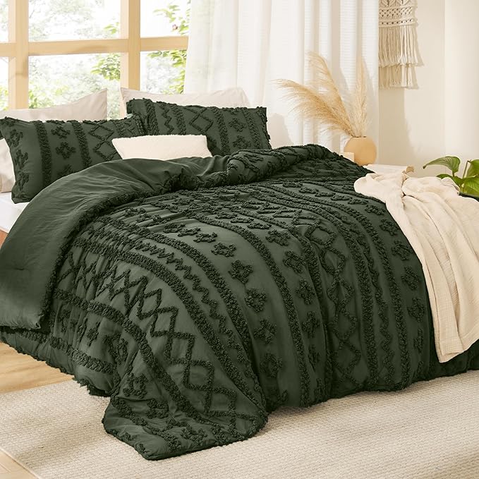 Bedsure Tufted Boho Comforter Set Queen Size - Olive Green Boho Bed Set, GentleSoft™ 3 Pieces Farmhouse Shabby Chic Embroidery Bedding, Gifts for Woman, Soft Jacquard Queen Comforter for All Seasons