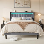 Allewie Queen Size LED Bed Frame with Charging Station, Velvet Upholstered Platform Bed with Geometric Wingback Headboard, Modern Frame with No Box Spring Needed, Easy Assembly, Grey