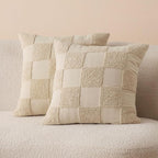 Double Stitch 100% Cotton Throw Pillow Covers - Set of 2 Checkered Tufted Boho Decorative Pillow Covers 20x20, Made in India, Square Cushion Case, Modern Home Decor for Couch, Sofa, Living Room, Oat