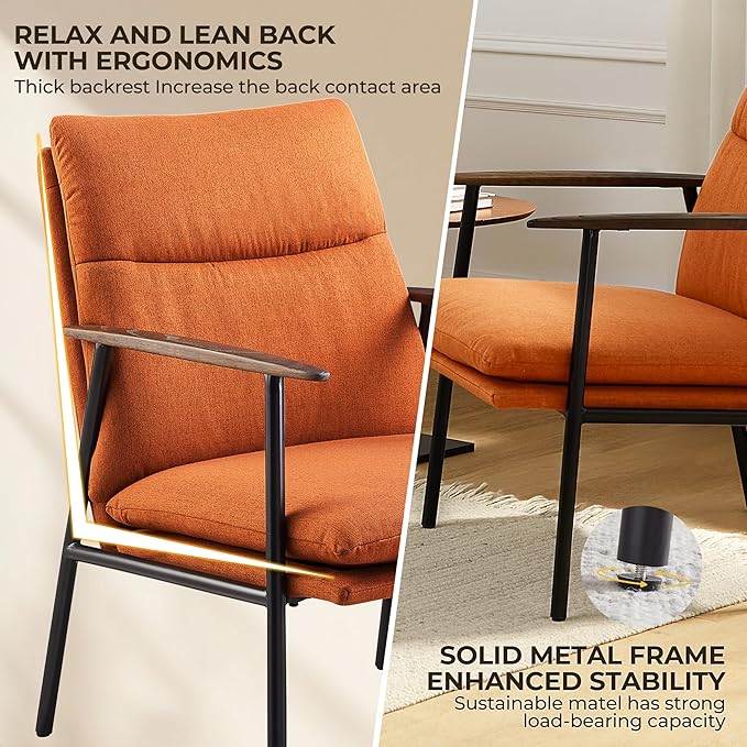 Art Leon Accent Chairs Set of 2-Mid Century Modern Accent Chairs Fabric Reading Bedroom Chair Armchair Wooden Arms Metal Frame Living Room Chair for Bedroom, Caramel