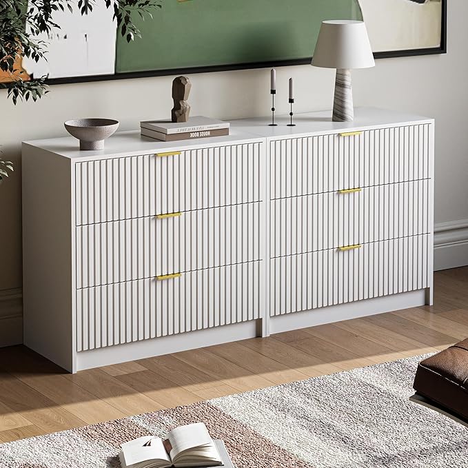 3-Piece Dresser Bedroom Set, 8 Drawer Dresser & 3 Drawer Nightstands with Gold Handles, Fluted Wood Chest of Drawers for Bedroom, Living Room, Entryway, White