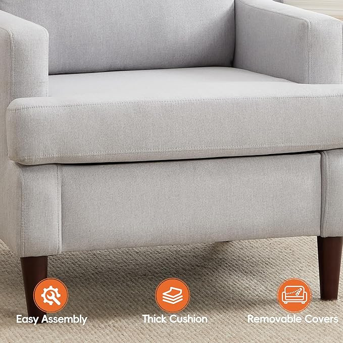 Mid-Century Accent Chair Modern Linen Fabric Armchair for Living Room,Deep Seat Comfy Upholstered Reading Chairs for Bedroom,Single Sofa Chair with Wood Legs (LightGrey, Set of 1)