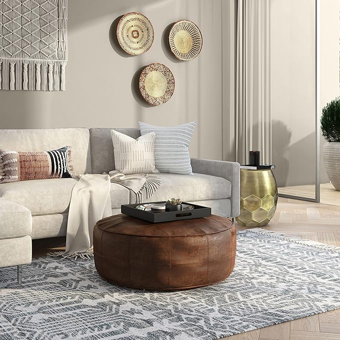 SIMPLIHOME Connor Boho Round 34 inch Round Coffee Table Pouf in Distressed Brown Genuine Leather for the Living Room, Bedroom and Kids Room