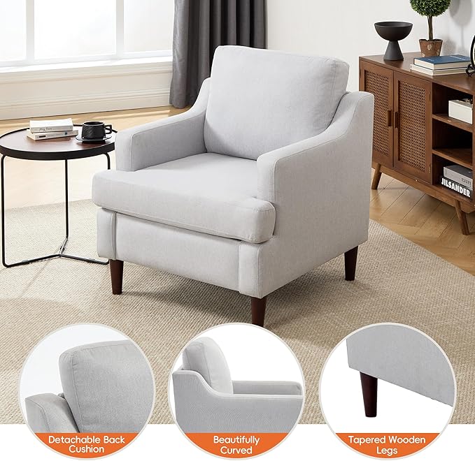 Mid-Century Accent Chair Modern Linen Fabric Armchair for Living Room,Deep Seat Comfy Upholstered Reading Chairs for Bedroom,Single Sofa Chair with Wood Legs (LightGrey, Set of 1)