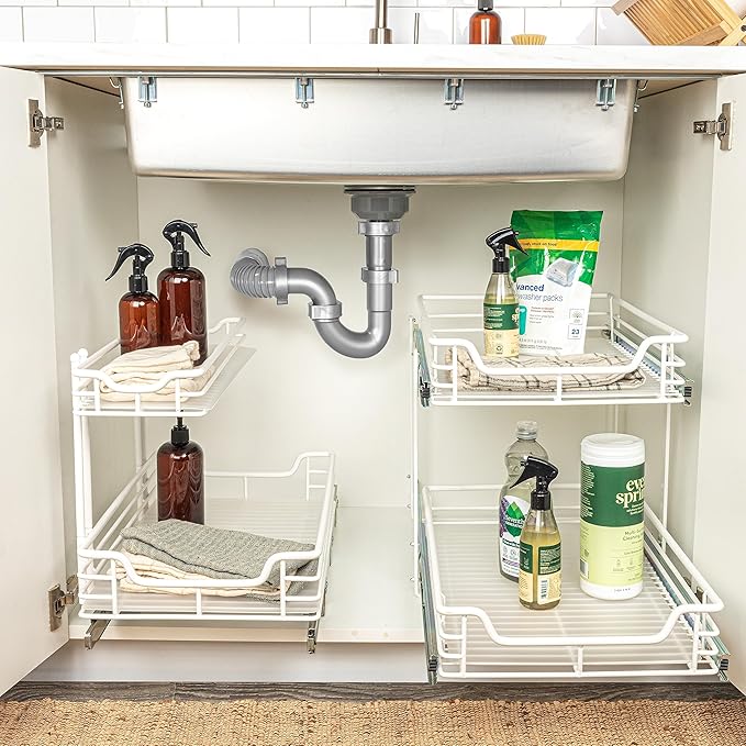 Household Essentials Glidez Multipurpose Paint-Finished Steel Pull-Out/Slide-Out Storage Organizer for Under Cabinet Use - 2-Tier Design - Fits Standard Size Cabinet or Shelf, White