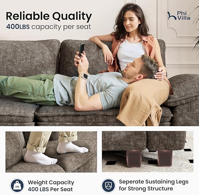 PHI VILLA Cloud Modular Couch Sets, 123.6" Sectional Sofa with U-Shaped Chaise, 5-Seater Couches with 2 Movable Ottomans for Living Room, Chenille Fabric, Smoky Grey