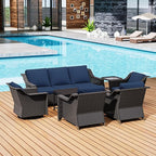 7 Pieces Outdoor Conversation Furniture Set - 77" Patio Sofa, 2 Armchairs, 2 Swivel Glider Chairs, 1 Side Table, 1 Metal Table, Wicker Couch with Washable Cushions for Porch (Navy Blue)
